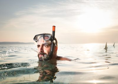 Young,Caucasian,Man,Chased,By,Shark,predator,Attack,Escape,In,Sea