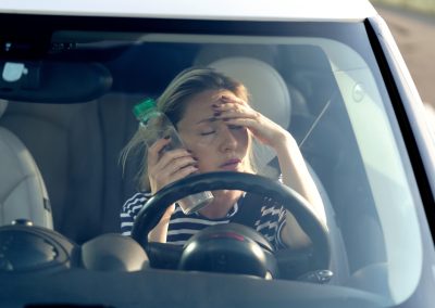 Exhausted,Woman,Driver,Feeling,Headache,,Sitting,Inside,Her,Car,,Applies