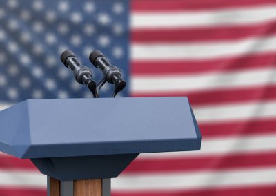 Podium,Lectern,With,Two,Microphones,And,United,States,Flag,In
