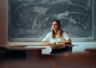 Stressed,Teacher,Sitting,At,The,Desk,Feeling,Overwhelmed.,Unhappy,Professor