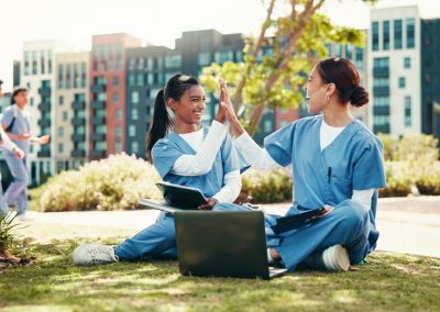 Happy,Women,,Nurse,And,High,Five,With,Laptop,For,Internship,