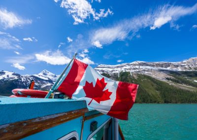 Canada,Flag,On,Maligne,Lake,Cruise.,Canadian,Rockies,Jasper,National