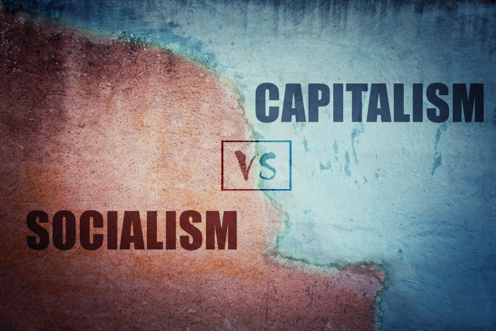 Socialism,Versus,Capitalism,Split,Concrete,Wall,Cracked,In,Two,Different