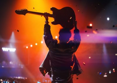 Rock,Band,Performing,On,Stage,,Guitarist,In,A,Leather,Jacket