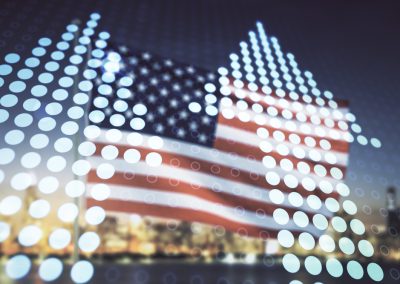 Double,Exposure,Of,Abstract,Virtual,Upward,Arrows,Hologram,On,Usa