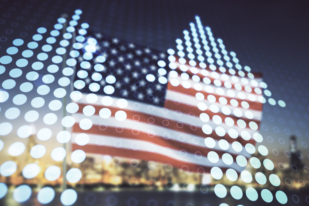 Double,Exposure,Of,Abstract,Virtual,Upward,Arrows,Hologram,On,Usa