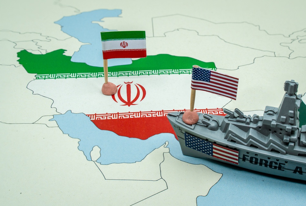 United,States,And,Iran,National,Flags,On,A,Geopolitical,Map
