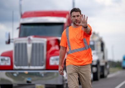 Male,Truck,Driver,In,Safety,Vest,Raises,Hand,To,Stop