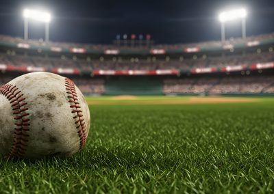 A,Worn,Baseball,Rests,On,The,Vibrant,Green,Outfield,Grass