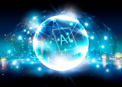 Artificial,Intelligence,Ai,And,Cityscape,Background.,Blue,Ai,Hologram,On