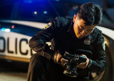 Policeman,Checking,Camera,After,Taking,Forensic,Photos,Of,Evidence,Found