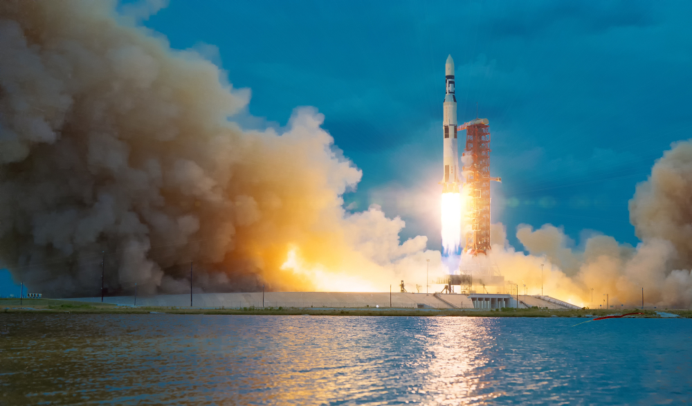 Rocket,Takes,Off,Into,The,Sky.,Lots,Of,Smoke,And