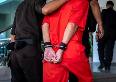 Arrested,Male,Criminal,In,Prison,Uniform,And,Handcuffs,Is,Brought