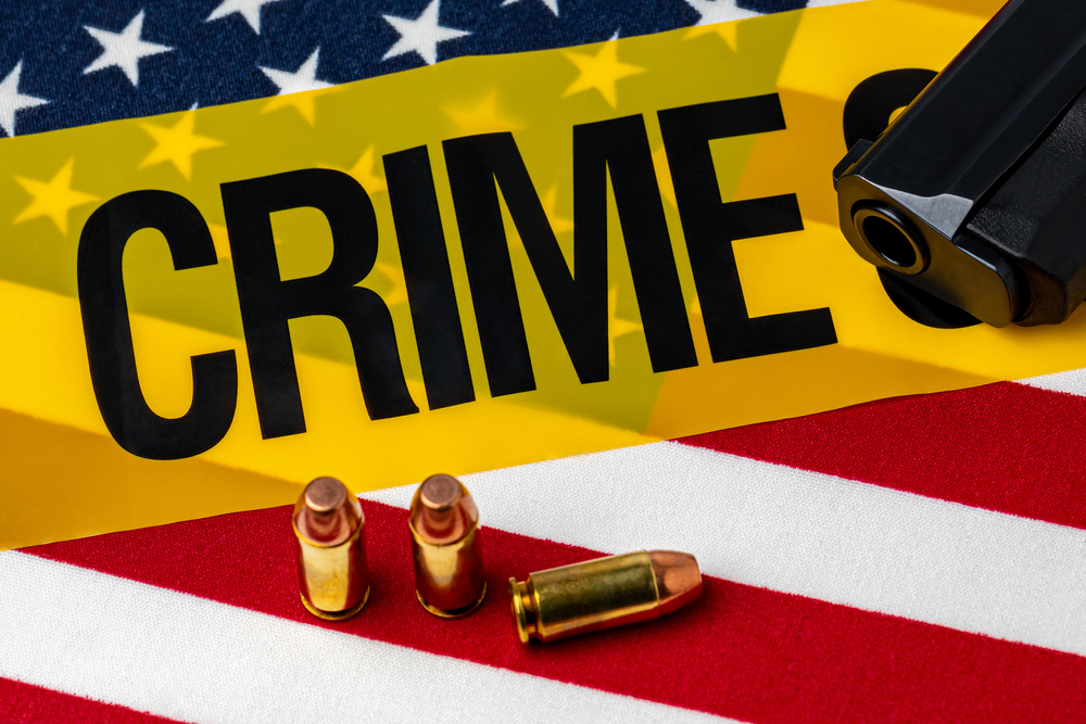 Gun,,Ammunition,,Crime,Scene,Tape,And,American,Flag.,Concept,Of