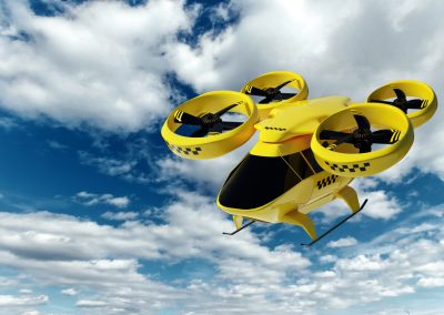 Yellow,Flying,Taxi,Against,The,Sky,,City,Electric,Transport,Drone.
