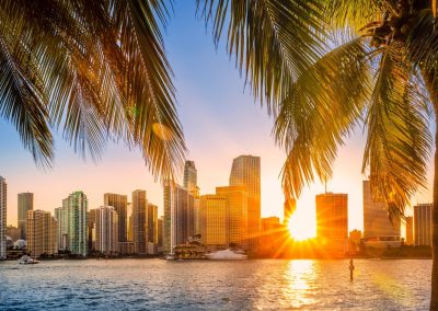 Miami,,Florida,Skyline,With,Sunbeams,Shining,Through,The,Skyscrapers.,Miami