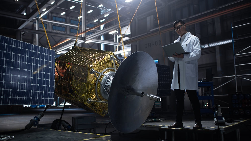 Industrial,Engineer,Working,On,Artificial,Satellite,Construction.,Aerospace,Agency:,Scientist