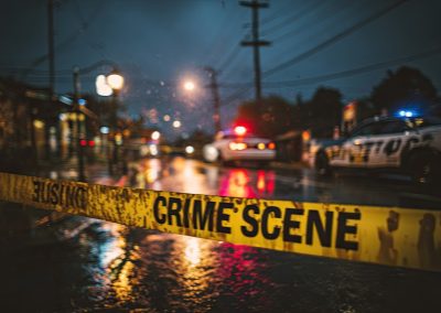 Yellow,Crime,Scene,Tape,Blocks,A,Wet,Street,At,Night