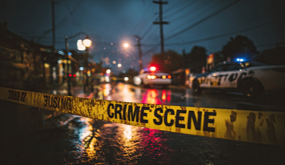 Yellow,Crime,Scene,Tape,Blocks,A,Wet,Street,At,Night